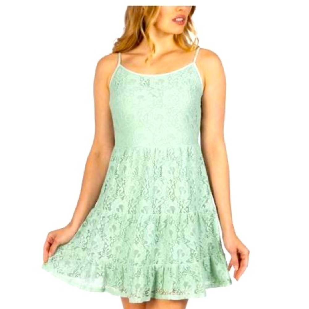Speechless Sage Lace Ruffled Spaghetti Strap Short Dress Small